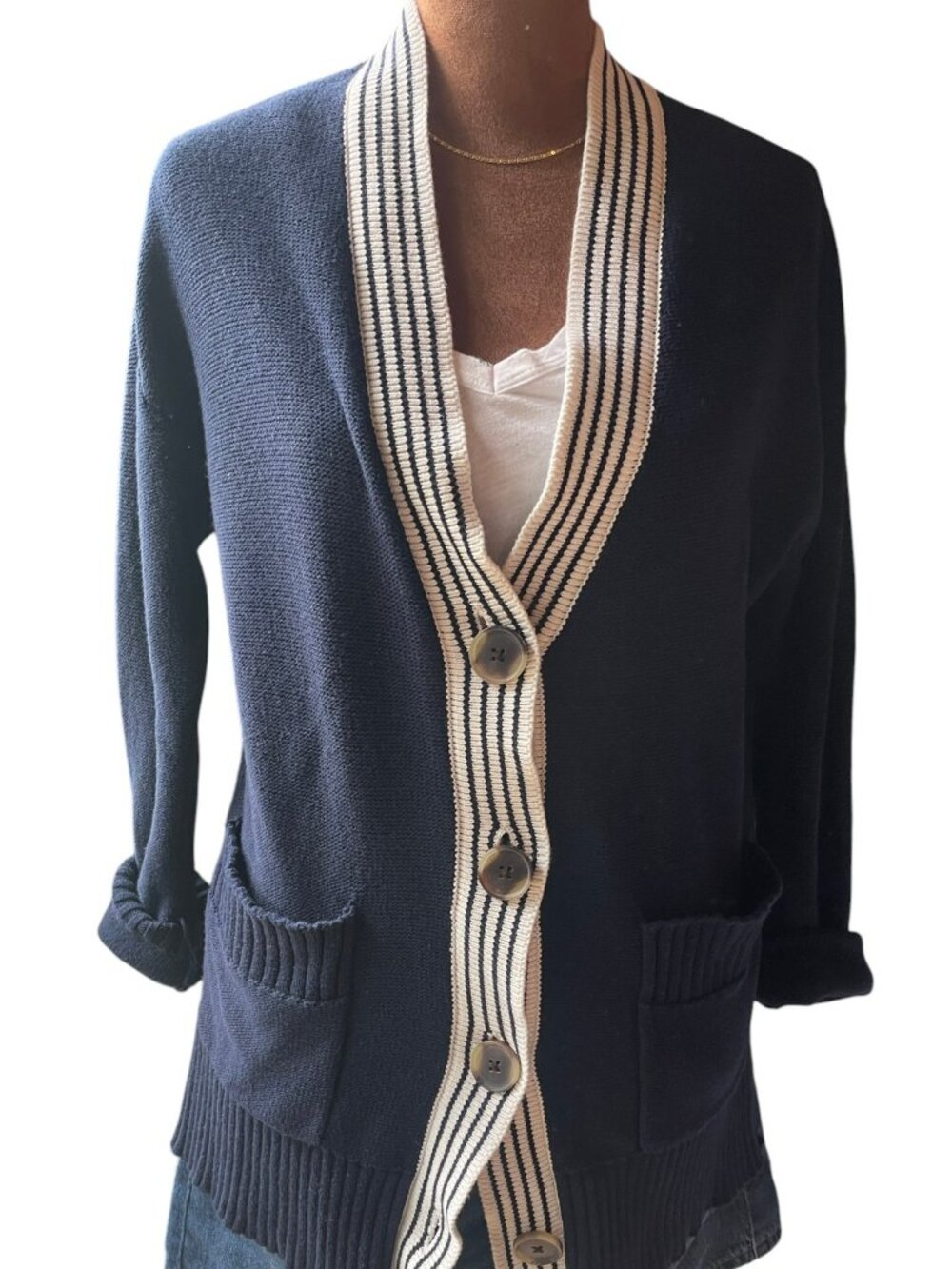 100% Cotton Nautical Coastal Cardigan Navy White Stripe Size S Loft Americana